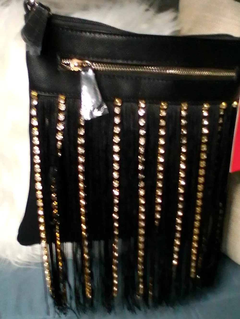 VETTA Black Fringe Crossbody with Gold Rhinestone Strips